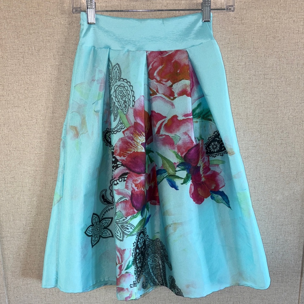 Boho Fairycore Floral Midi Skirt Small Blue Paisley Whimsical Romantic Pin-Up